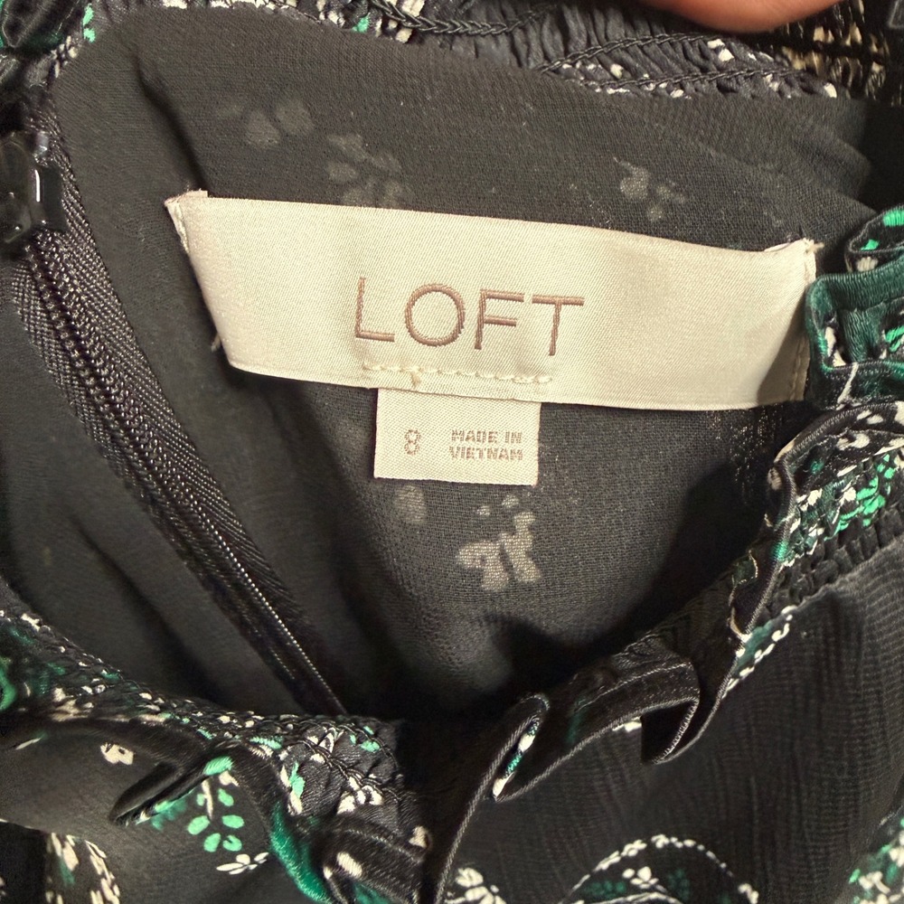 LOFT Women Mini Dress Size 8 Black Floral Long Sleeve Mock Neck Boho Chic - Picture 4 of 14